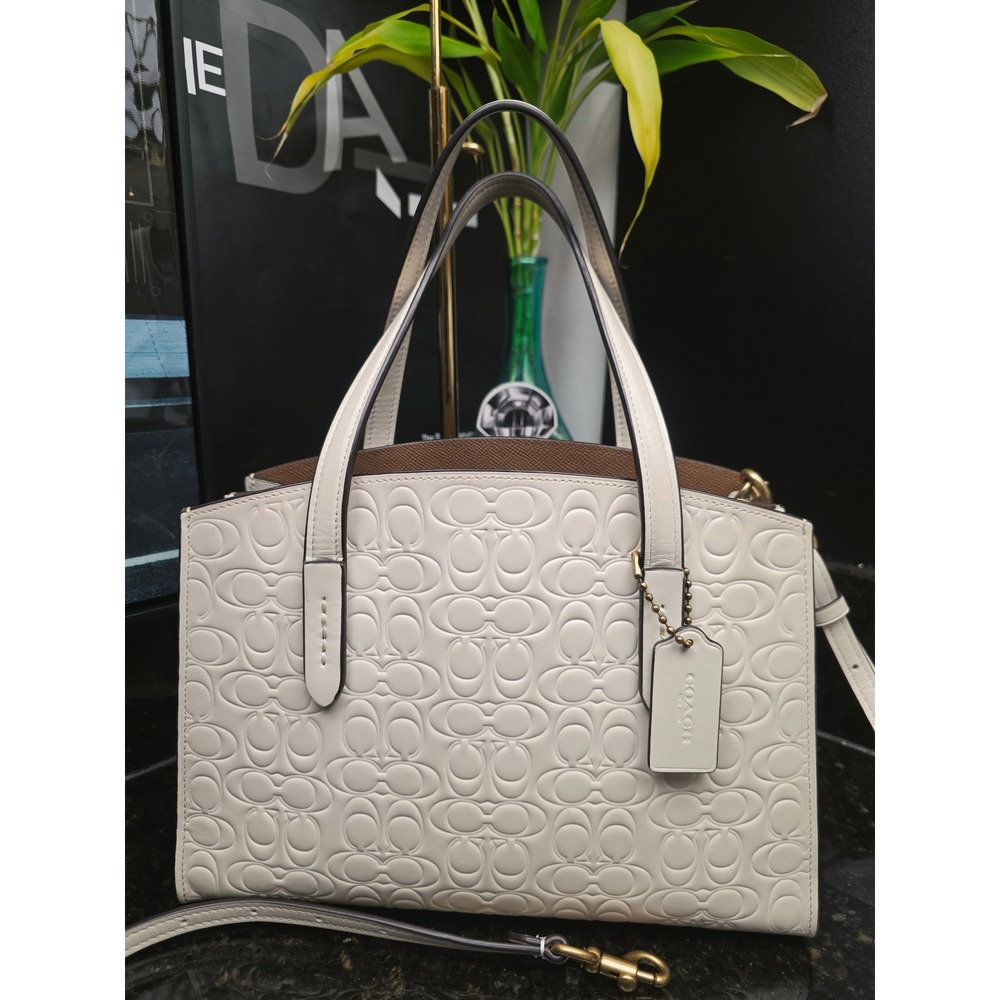 COACH Charlie Carryall 28 Small Chalk White Signature Debossed Leather Bag 31666